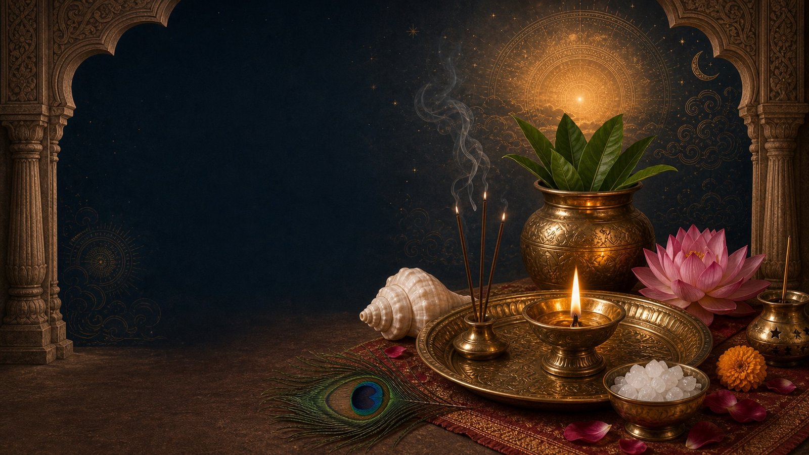 Traditional Indian ritual setting with diya, incense and sacred objects