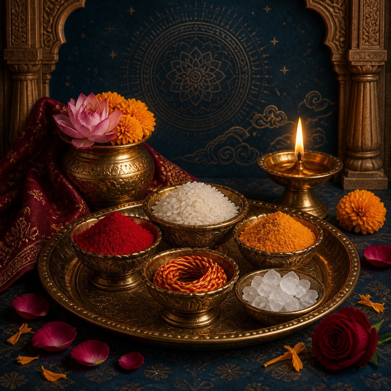 Traditional puja essentials arranged for worship